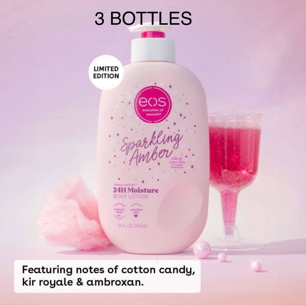 NEW, Unopened, 3 Bottles of Eos Sparkling Amber Lotion, Limited Edition